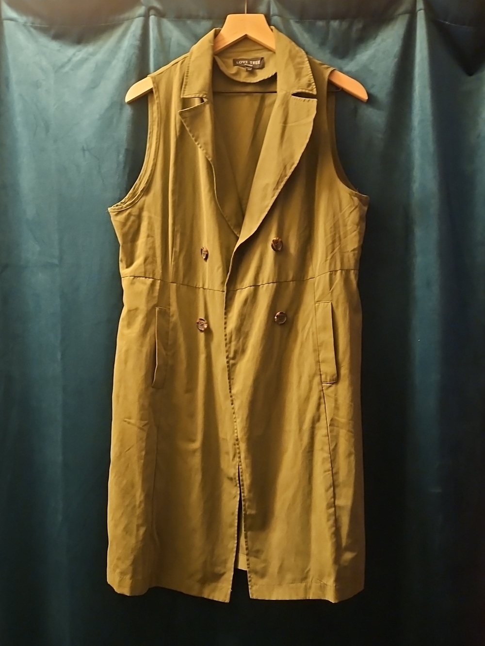 Love Tree Olive Green Sleeveless Double-Breasted Trench Vest